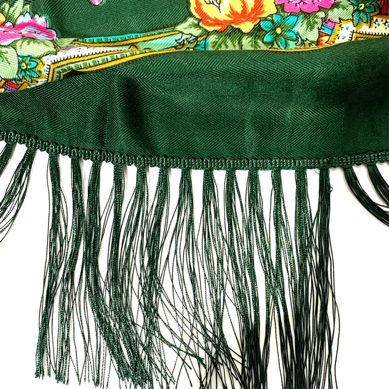 Russian Fringed Shawl Ukraine Babushka Square Bandana Head Scarf Female Hijab 2023 Women's Traditional Floral Printing Scarf