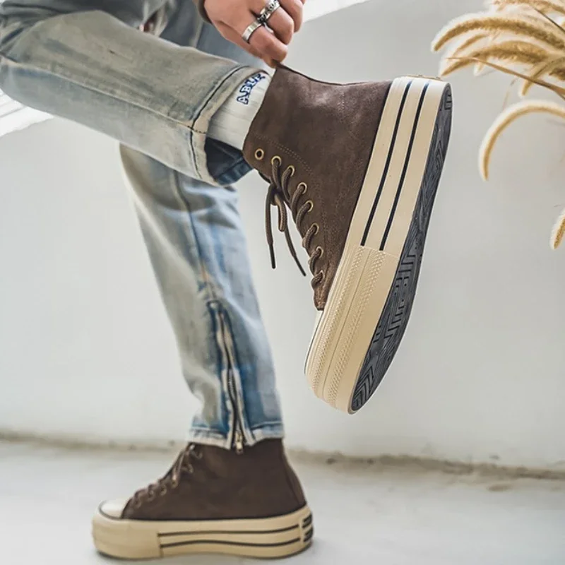 Men Casual Height Increasing Canvas Shoes Solid Color Vintage Harajuku Style Skateboard Shoes Round Toe Lace Up Walking Shoes