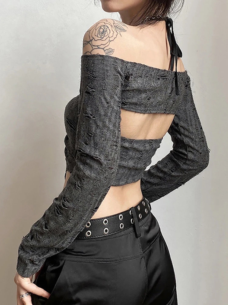 Goth Dark Vintage Mall Gothic Drawstring Women T-shirts 2 Piece Set Y2k Retro Fairy Grunge Camisole Long Sleeve Buckle Crop Tops 240318