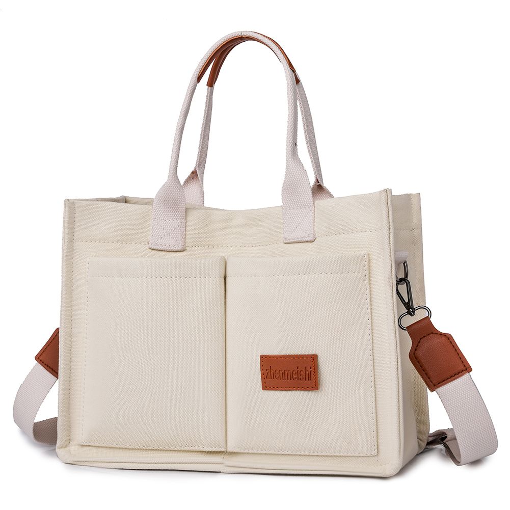 Women Retro Top Handle Bag Large Capacity Canvas Stylish Crossbody Bag Adjustable Strap Multi Pockets Casual Satchel Bag