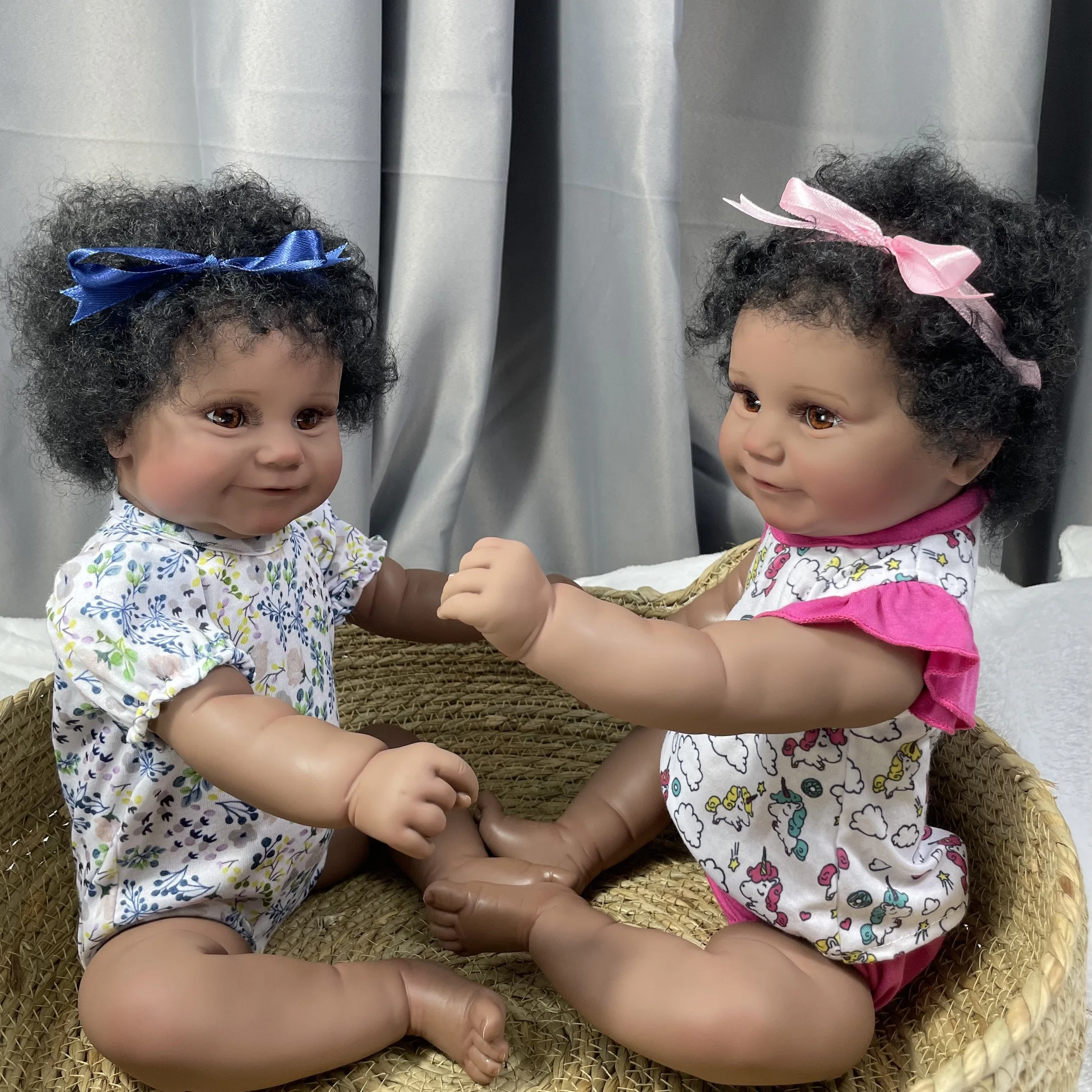 19Inch African American Doll Maddie Twins Full Silicone Vinyl Girl Washable Dark Skin Reborn Baby Handmade Rooted Hair Toy Gift