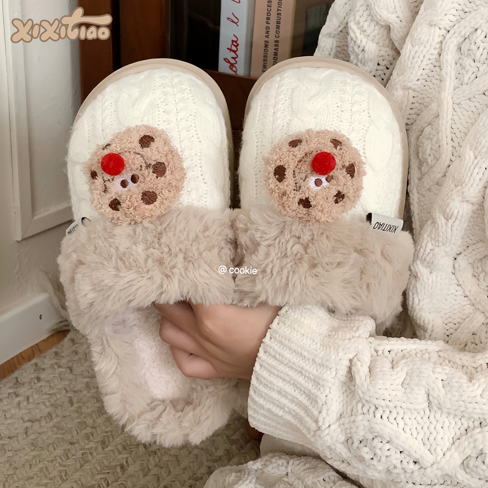 Women's winter trend Red Nose cookies Fluffy cotton slippers Warm and fun cotton slippers for the home bedroom in winter