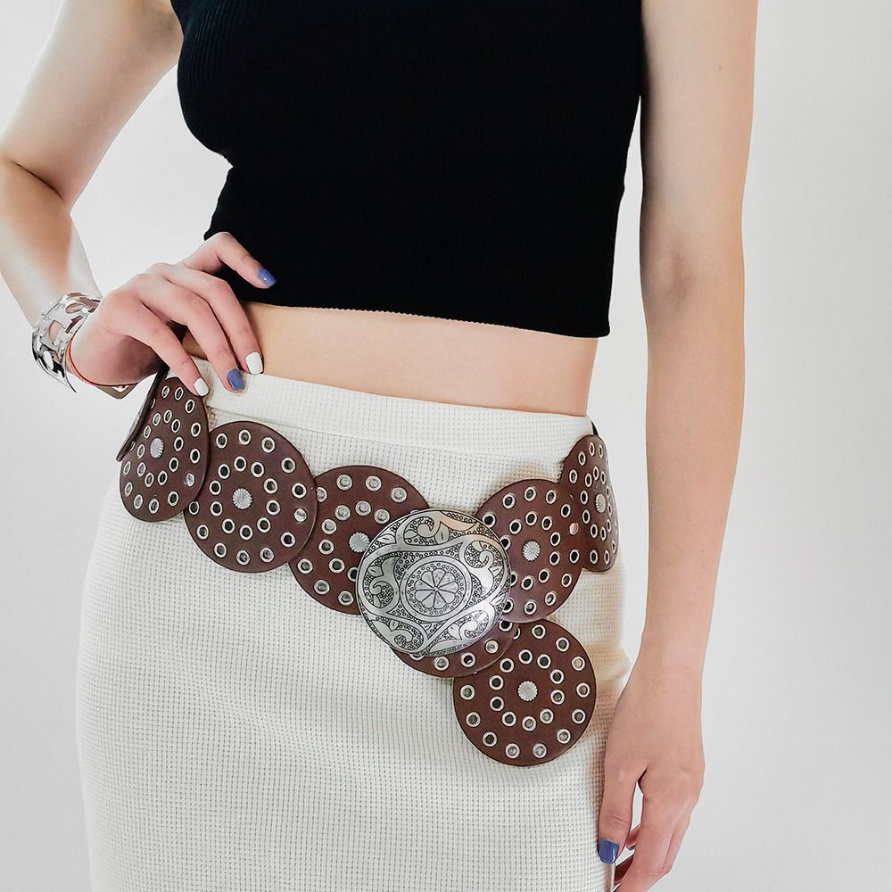 Y2K Round Hollow Western Style Exaggerated Cowboy Wide Disc Belt Vintage Women Metal Belt Soft Durable Belt Accessories c8531