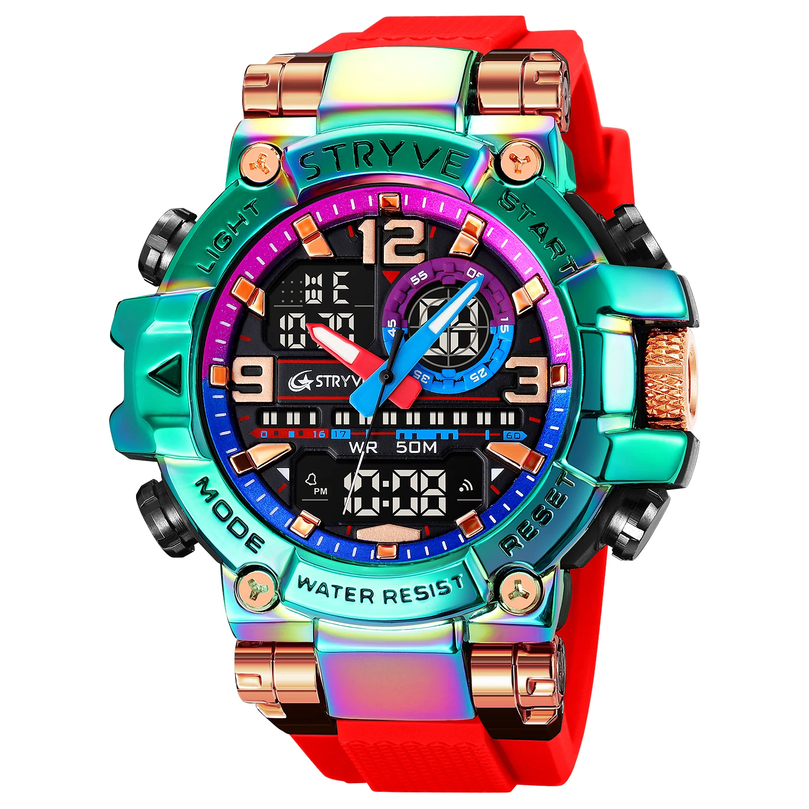 STRYVE Dual Display Men Watches Waterproof Sports Watch Military Man Alarm Stopwatch Quartz Wristwatch Male Digital Clock S8025