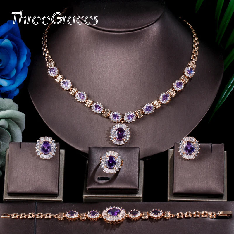 Three layer Dubai gold purple oval Austrian crystal 4-piece wedding engagement jewelry set 241031