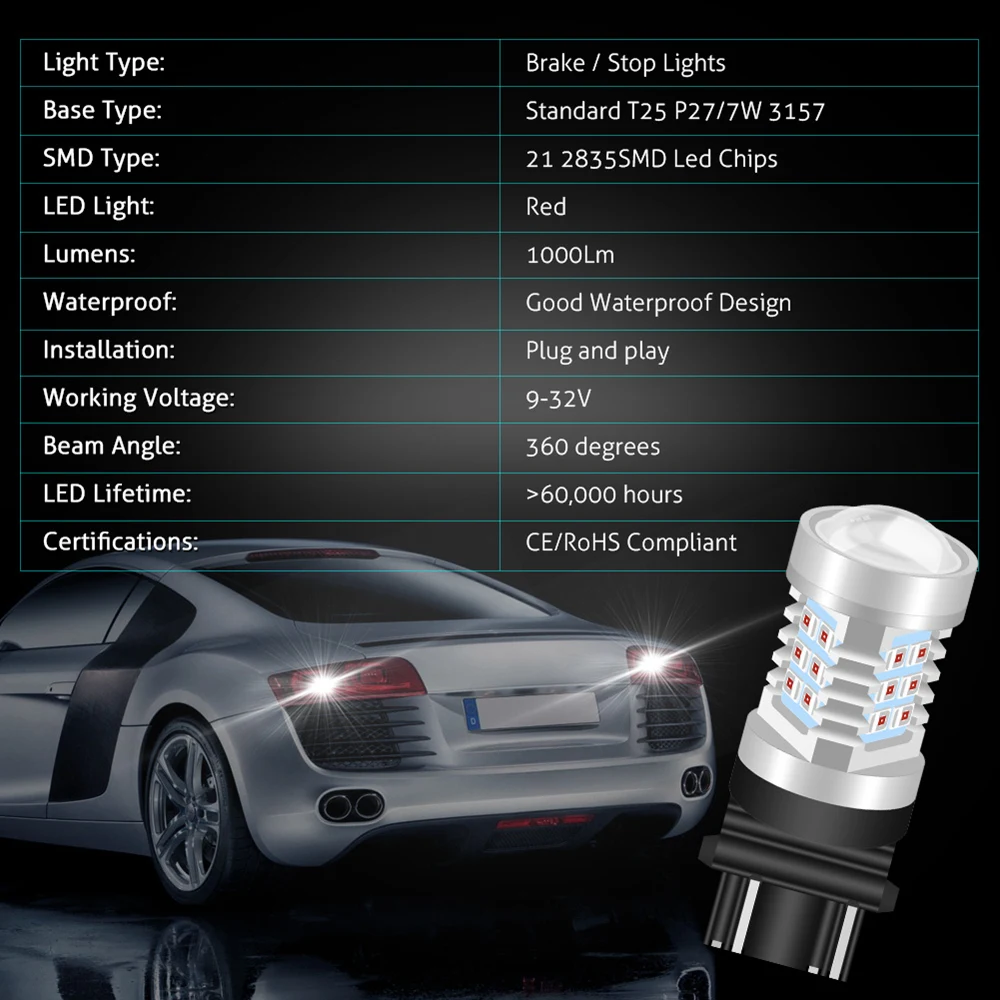 2pcs T25 Base Led Lamps For Cars Brake Stop Lights Amber White Red 3057A 3155 3157 3157A 3157NA 3357 3357A 3454NA 3457