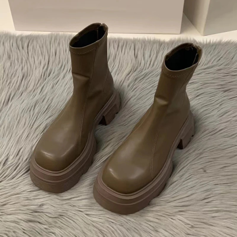 Ankle Mid Heels Winter New Fashion Platform Zipper Goth Casual Motorcycle Boots Women Thick Shoes
