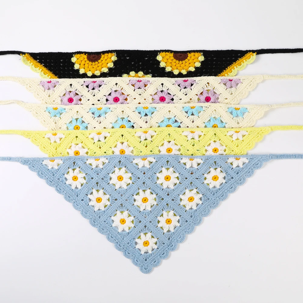 Crochet Flower Hair Scarf Headband Bandana Hairband for Women Daisy Knitting Triangle Scarf Turban Headbands Hair Accessories