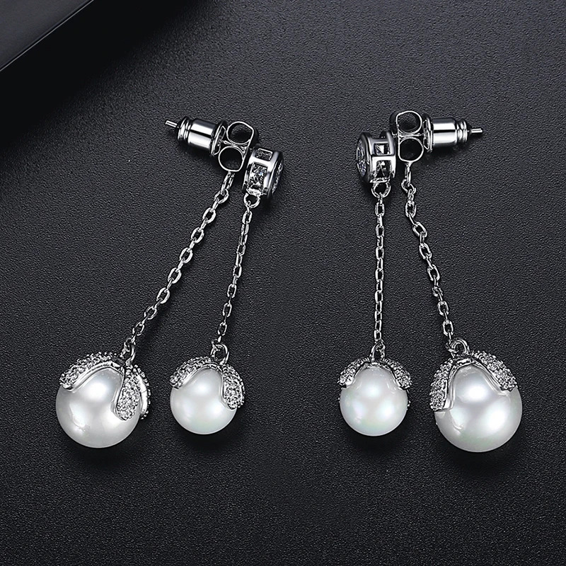LUOTEEMI Double Pearl Cubic Zirconia Tassel Womens Pendant Earrings Rose Gold Wedding Fashion Jewelry Christmas 241031