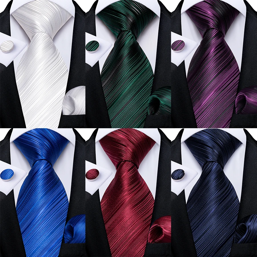 Men's Wedding Party Plain Striped White Tie Set Handkerchief Cufflinks Red Blue Green Jacquard Woven 8cm Necktie for Suits