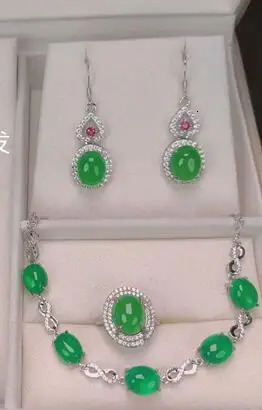 Silver natural stone green inlay jade agate jade necklace bracelet earring jewelry crystal zircon 241031
