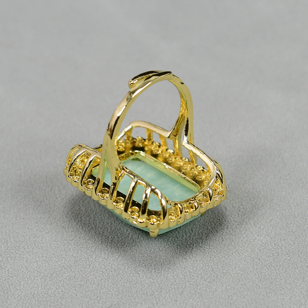 G-G Natural Amazonite Rectangle Cz Pave Ring Gold Plated Adjustable Ring