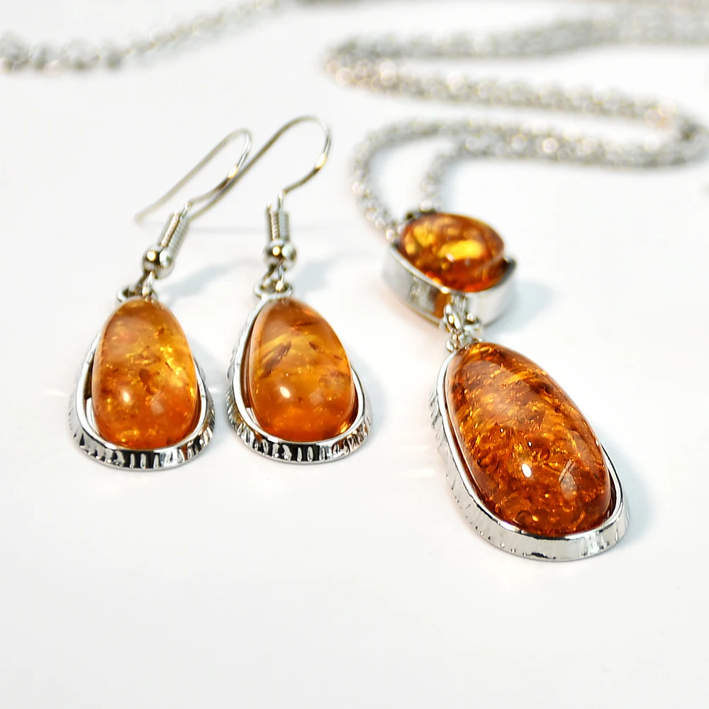 Yumfeel New Amber Pendant Necklace & Earrings Women Vintage Boho Vintage Jewelry Set
