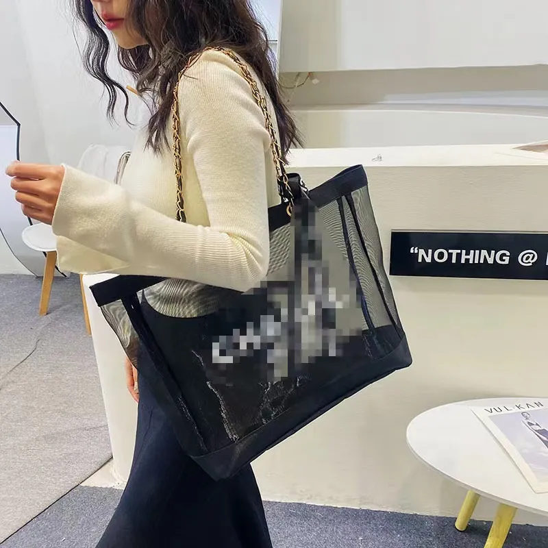 2025 new Chic Black Mesh Shoulder Bag - Designer Inspired Transparent Tote for Women's Fashion & Shopping