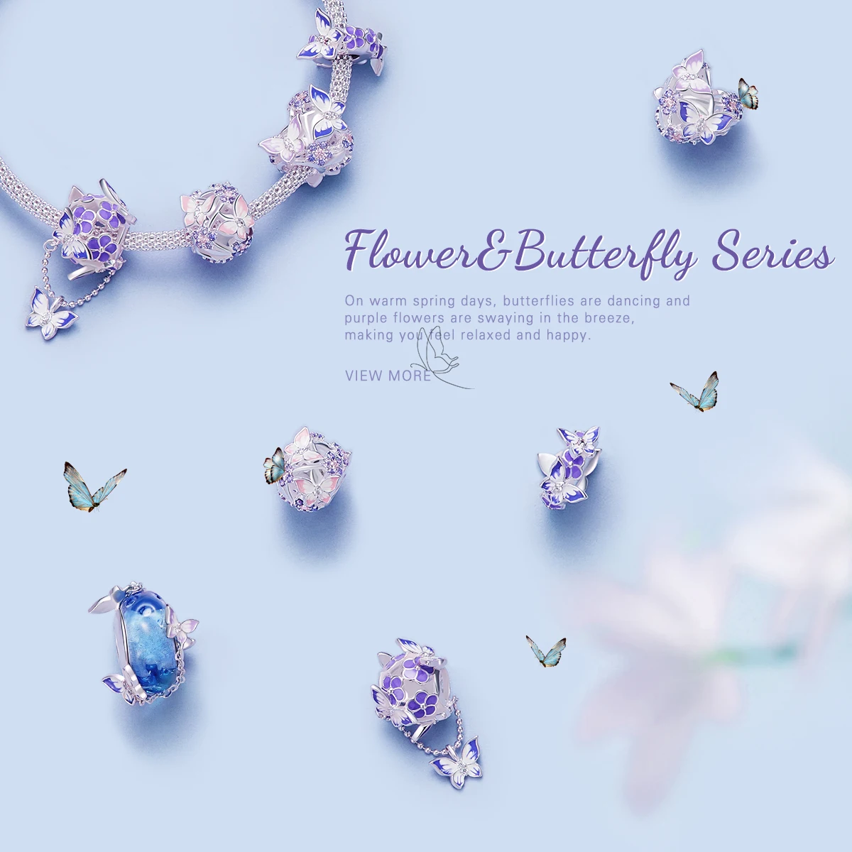 WOSTU 925 Sterling Silver Mystic Purple Flower Charms Beads Butterfly Safety Chain Fit Original Bracelet DIY Necklace Jewelry