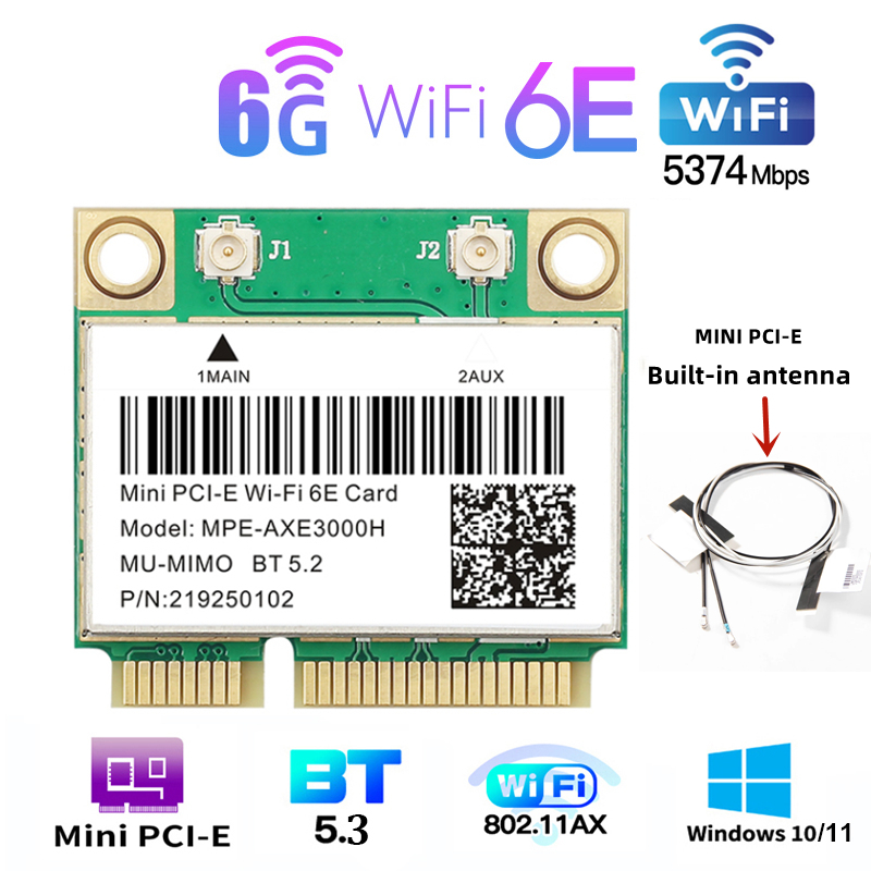 Wifi 6E Adapter 5374Mbps Bluetooth 5.3 Mini PCI-E Intel AX210 Chip 2.4G/5G/6G For Laptops Desktop