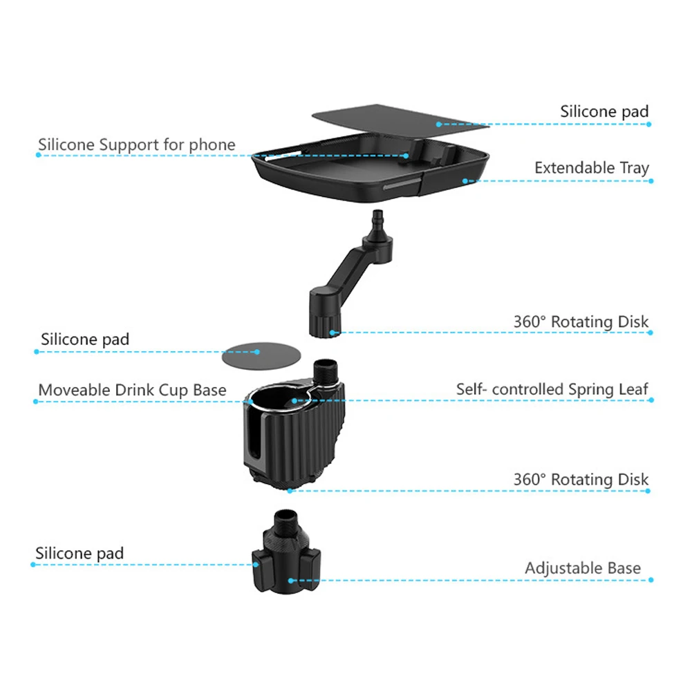 Adjustable Car Cup Holder Car Interior Accessories Car Cup Holder Tray with 360 Degree Swivel Base Auto Tray Table
