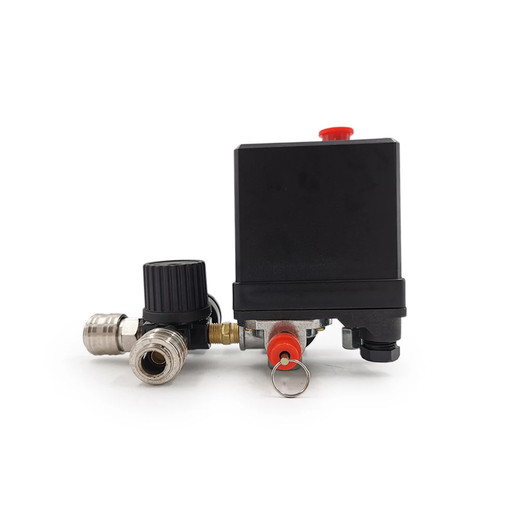 AC 220V Air Compressor Pump Pressure Control Switch 4 Port Manifold Relief Regulator 30-120PSI Control Valve with Gauge