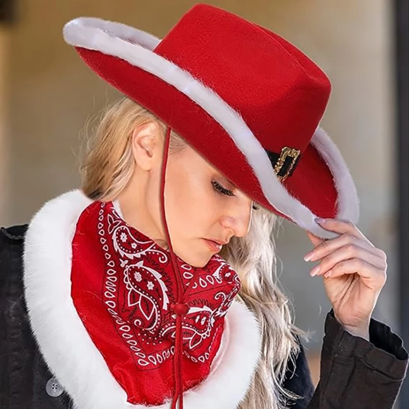 Santa Party Christmas Luminous Cowboy Hat Western Red Felt Hats Wide Brim Cowgirl Hat Hat For Women Men Dropshipping