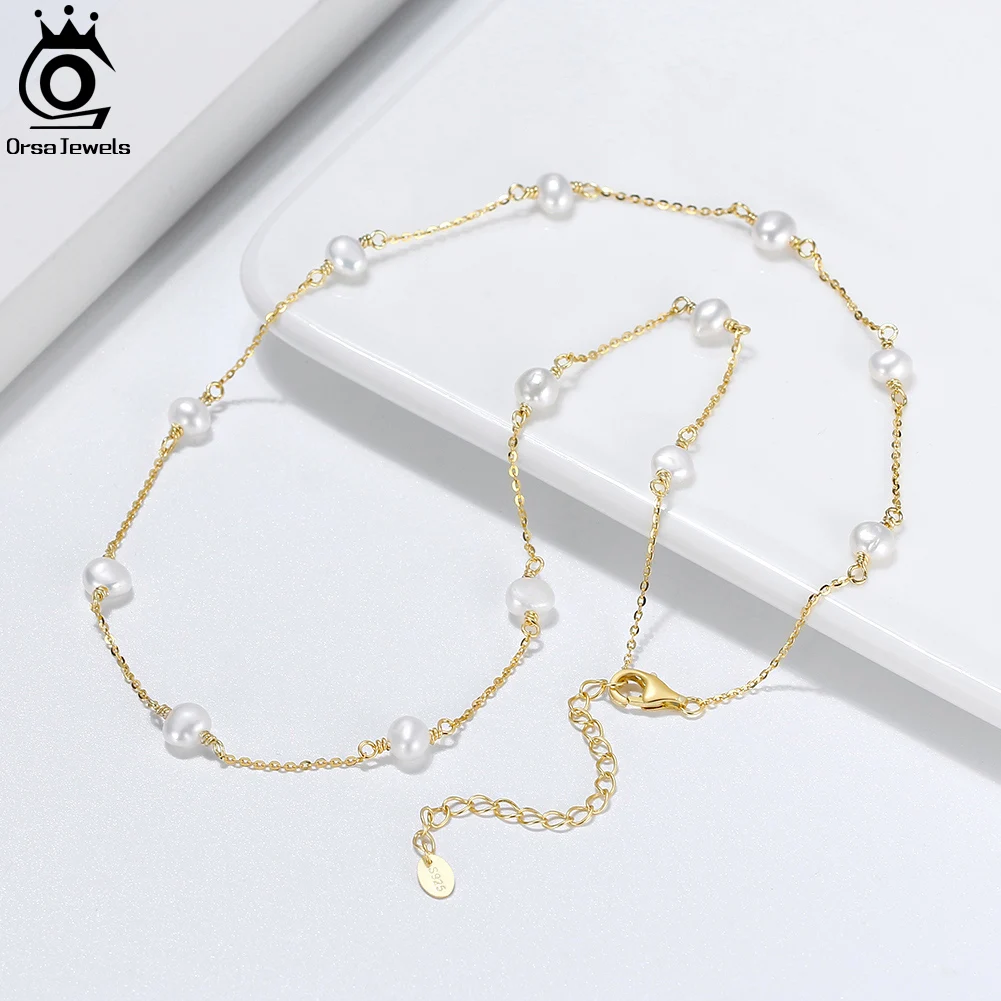 ORSA JEWELS 925 Sterling Silver Natural Baroque Pearl Choker Necklaces for Women Handmade 14K Gold Chain Necklace Jewelry GPN19