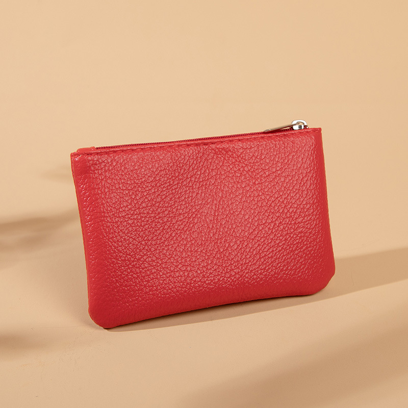 Leather Zipper Coin Purse Women Mini Wallet With Keychain Clutch Bag Solid Color Litchi Pattern Small Change Money Bag Pouch