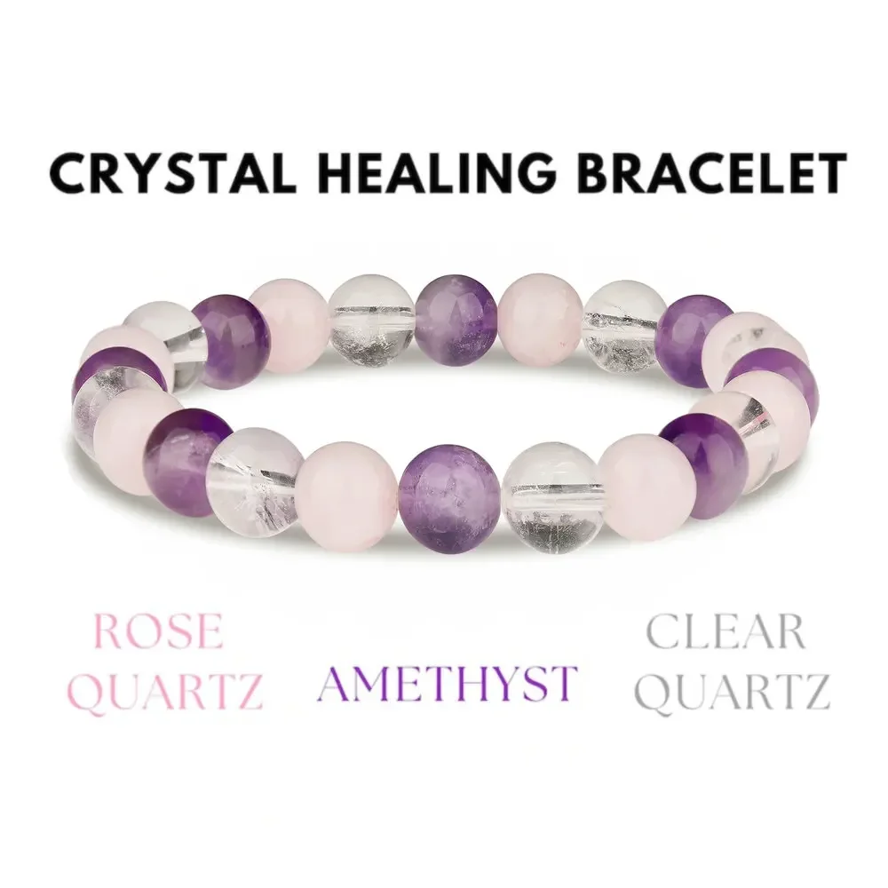 Crystal Healing Bracelet Amethyst Clear Quartz Rose Quartz 8 mm Round Healing Crystals (Stretch Bracelet, Gemstone Bracelet)
