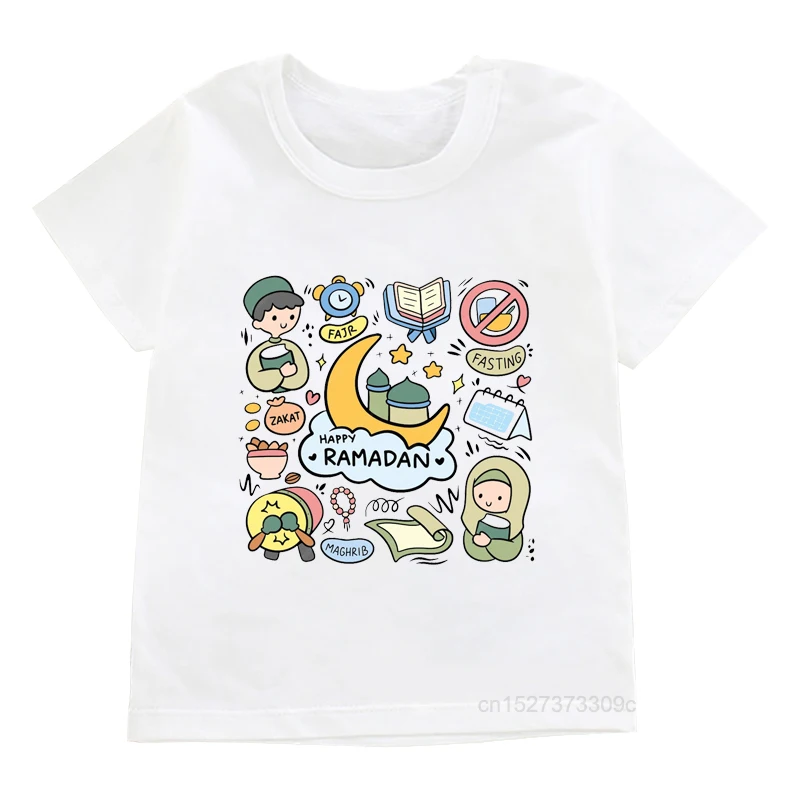 Boy/Girl Happy Ramadan Print Clothes Child T-shirt Eid Mubarak Kid Shirt Short Sleeve Toddler Islamic Muslim Holiday Gift Tees