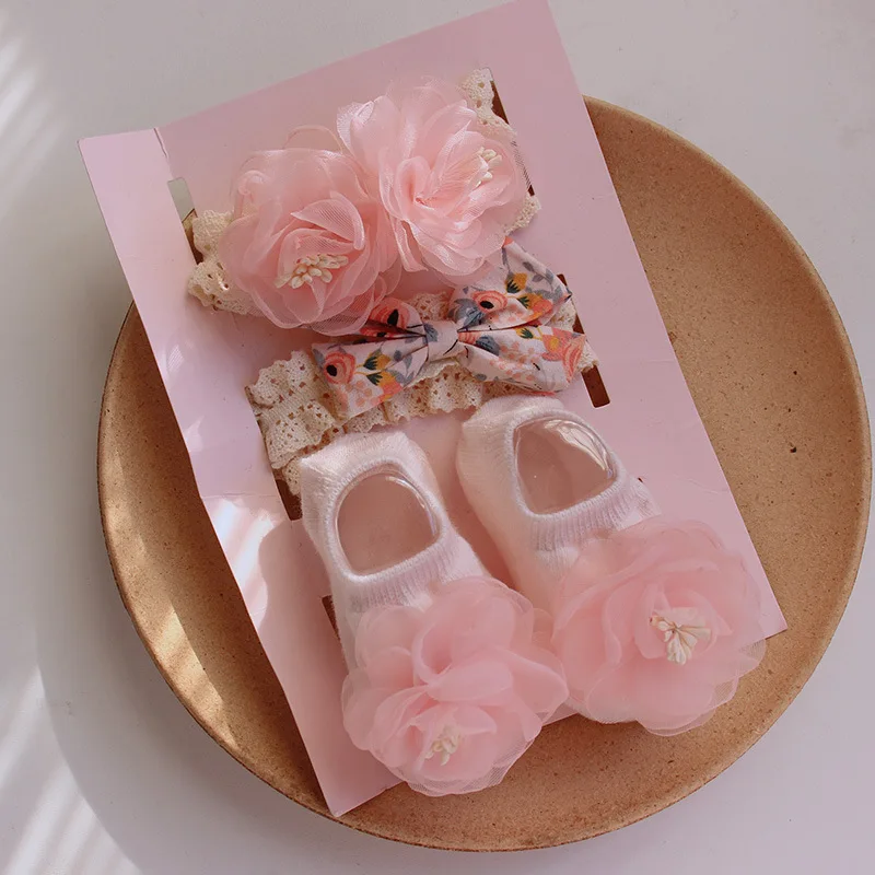 3Pcs/Set Lace Flower Baby Girl Headband Socks Set Cute Floral Crown Bows Newborn Hair Band Turban Kids Hair Accessories