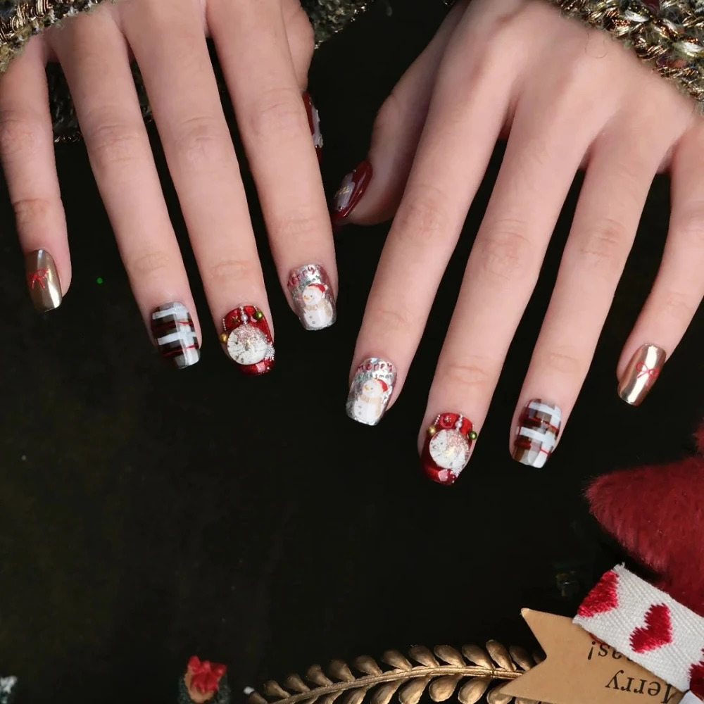 10 handmade short coffin fake nails limited edition red Christmas and Year nails nail n with set 241031