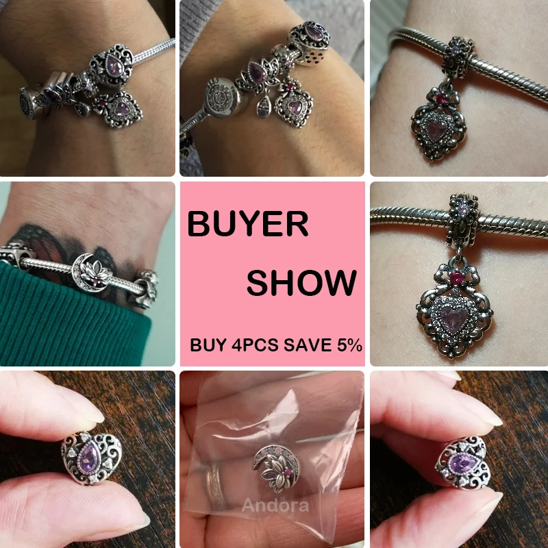 925 Sterling Silver Classic Purple Retro Heart Shape Lotus Angel Pattern Charms Beads Fit Pandora Original Bracelets DIY Jewelry
