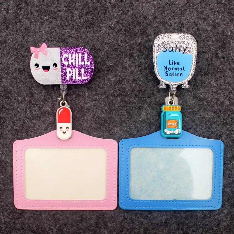 New Glitter Acrylic Nurse Double Chill Pill Badge Reel Retractable ID Badge Holder With 360 Rotating Alligator Clip Name Holder