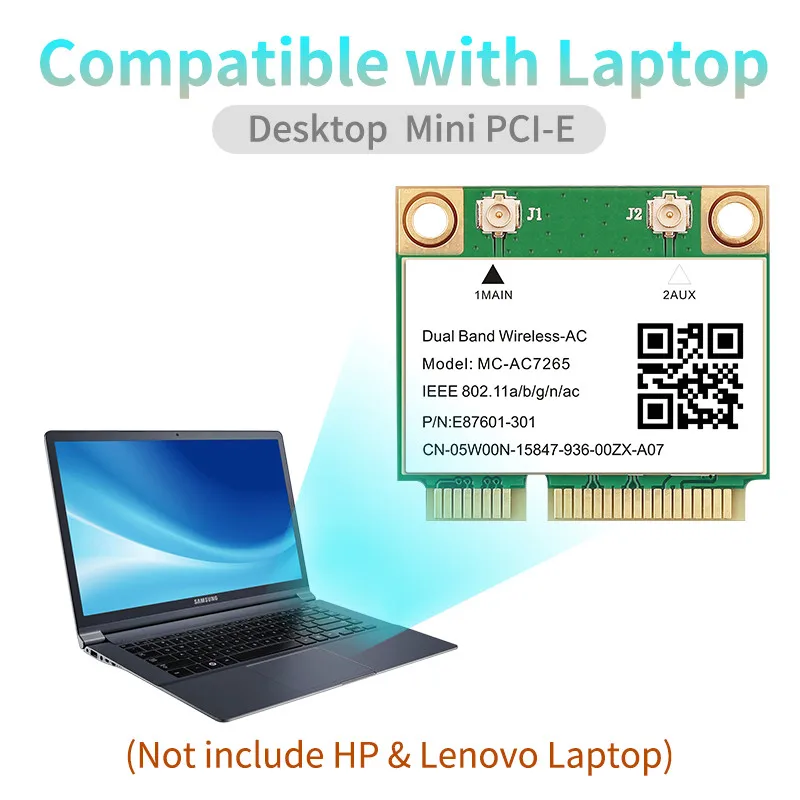 Wifi Network Card 1200Mbps Bluetooth 4.2 Mini PCI-E MC-AC7265 Wifi 5 802.11ac 2.4G 5Ghz With Cable Fast Network Card MPE-3165AC
