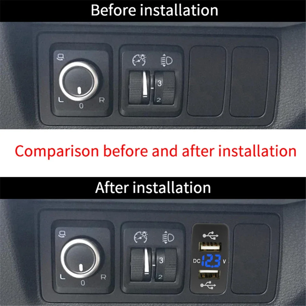 12V-24V Car Charger Socket Adapter Dual USB Ports Fast Charger Socket with Voltage Display for Toyota Auto Accessories 40X22mm