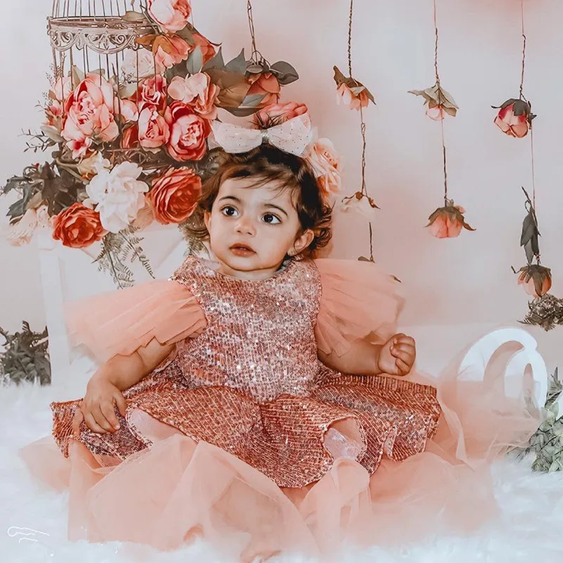 Glitter Sequin Celebrity Baby Dresses Sequin Bow Tulle Layer Flower Girls Dresses Shiny Girl Birthday Gowns New Year