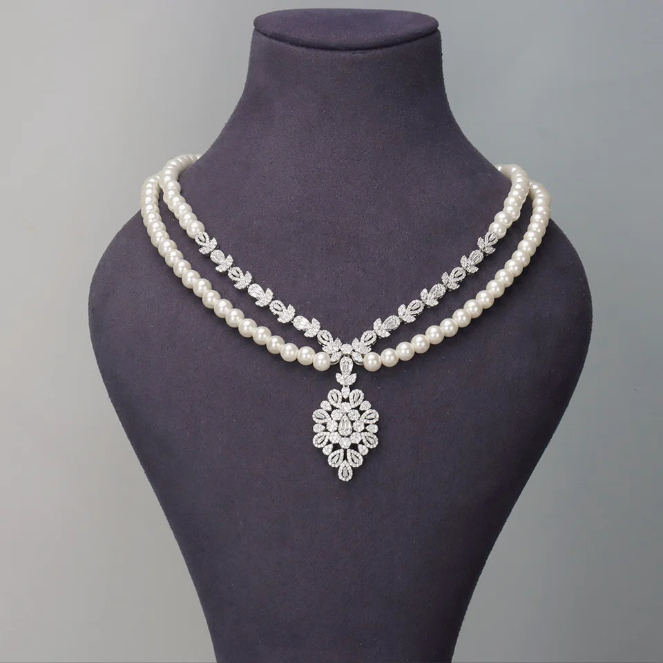 double-layer pearl necklace cubic zirconia 4-piece jewelry set Dubai bride wedding necklace accessories 241031