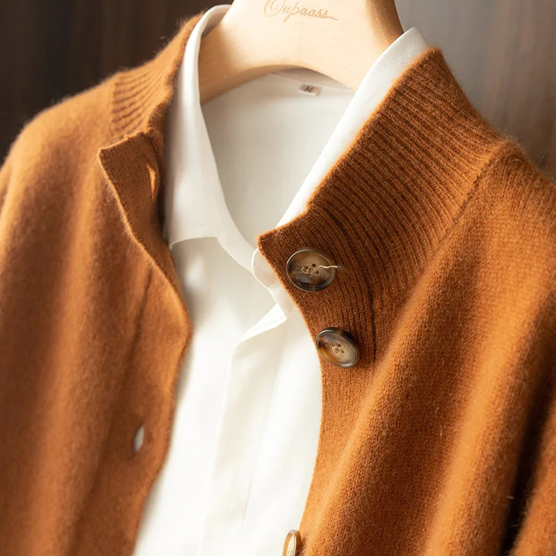 100% wool and cashmere sweater for autumn and winter womens self-cultivation semi high collar cardigan womens warm knit sweater 241031