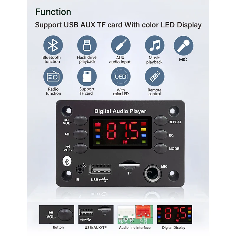 Bluetooth MP Decoder Audio Board DC V USB Power Supply TF FM Radio Player For Car Music Speaker