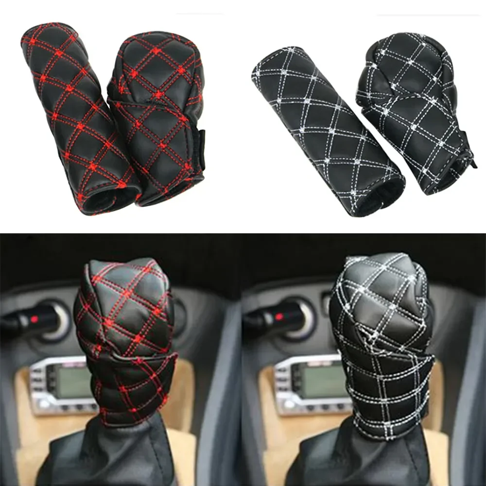 2 in 1 Set Faux Leather Gear Shift Knob Hand Brake Sleeve Car Interior Protect Cover Accessories New