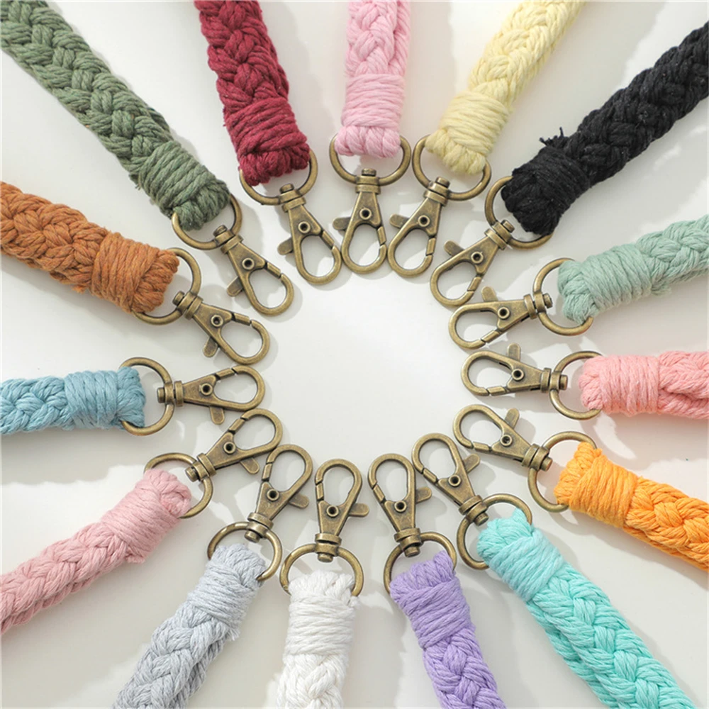 Boho Style Macrame Braided Keychain with Lobster Claw Cord Wristlet Bracelet Keyrings Lanyard Key Fob Strap Women Accessories