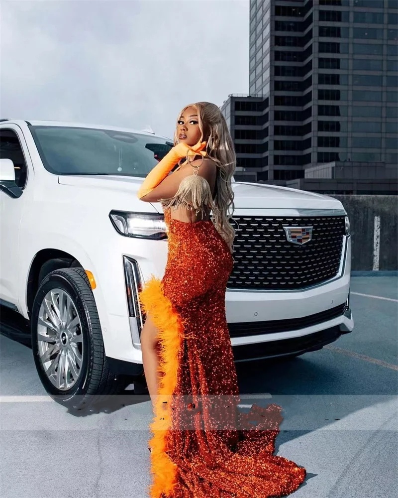 Orange Sequins Diamonds Prom Dress 2024 Glitter Crystal Beads Sexy Front Split Backless Feathers Birthday Party Gowns