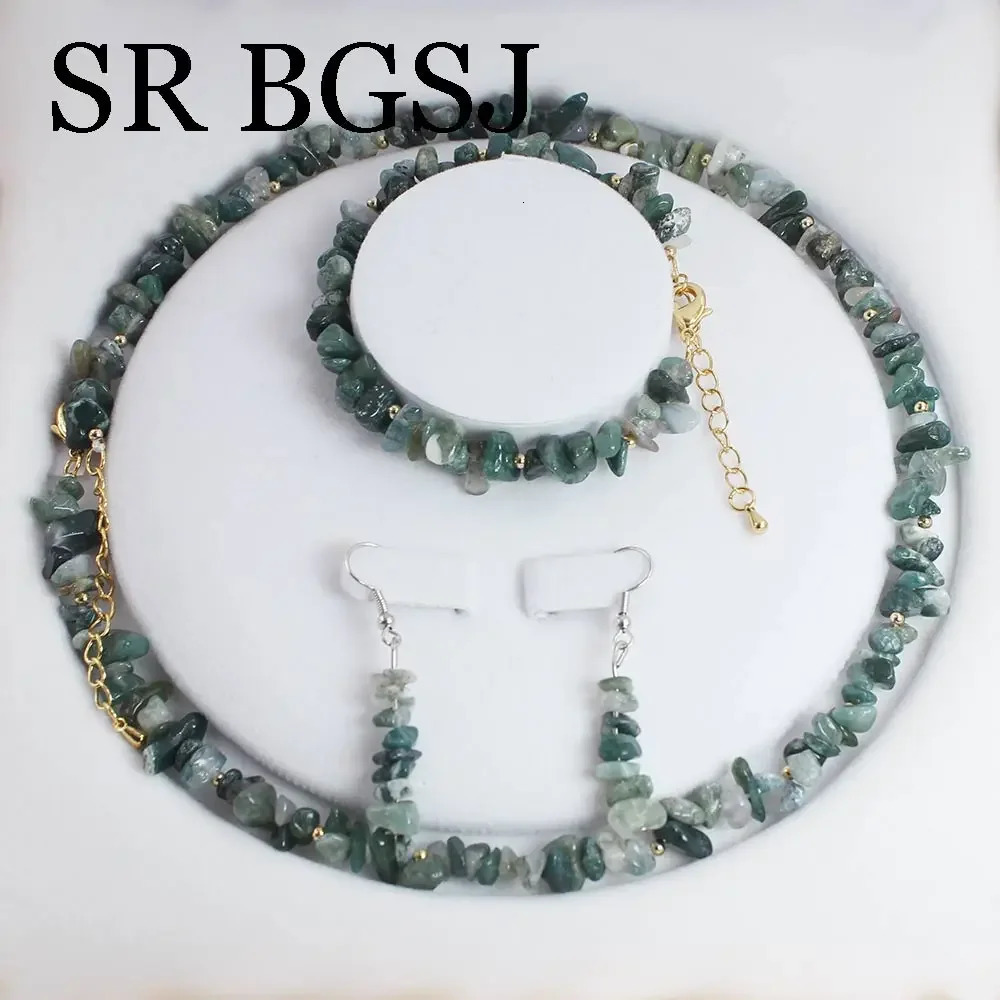 6-8mm green moss agate natural gemstone womens necklace bracelet jewelry set 17.5 7-8 241031