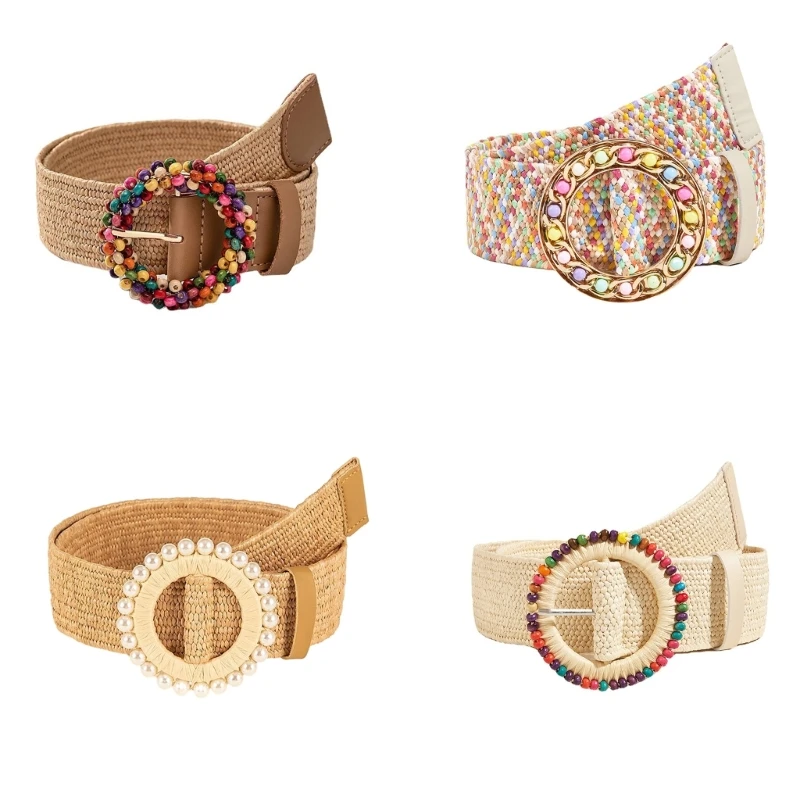 Boho-style Handwoven Belt for Women Vintage Straw Belts Colorful Round Buckle Waist Belt for Female Waist Accessories