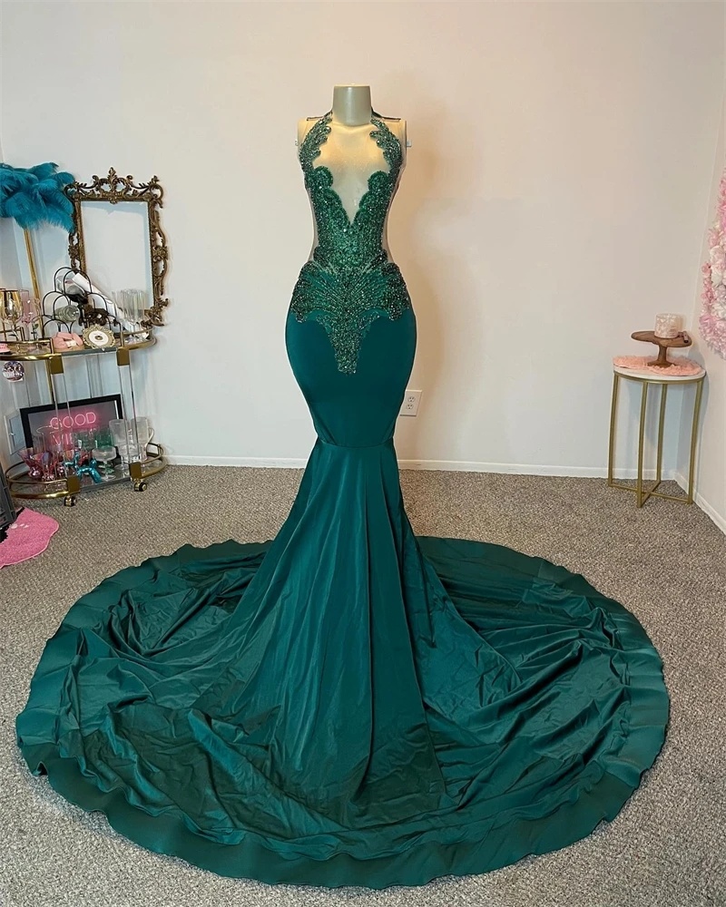Green Sheer O Neck Long Prom Dress For Black Girls Beaded Crystal Rhinestone Birthday Party Dresses Mermaid Evening Gowns