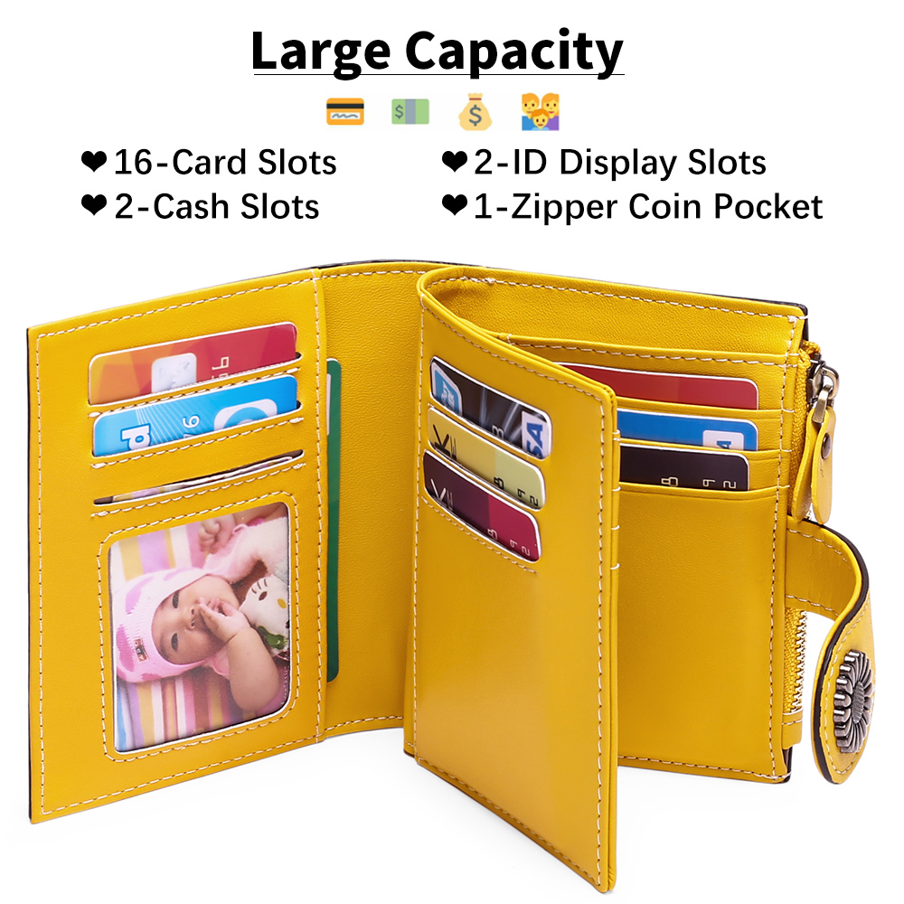 SENDEFN Small Womens Wallet Luxury Leather Bifold Card Holder RFID Blocking Zipper Coin Pocket 16 Card Slots Short Style 5215