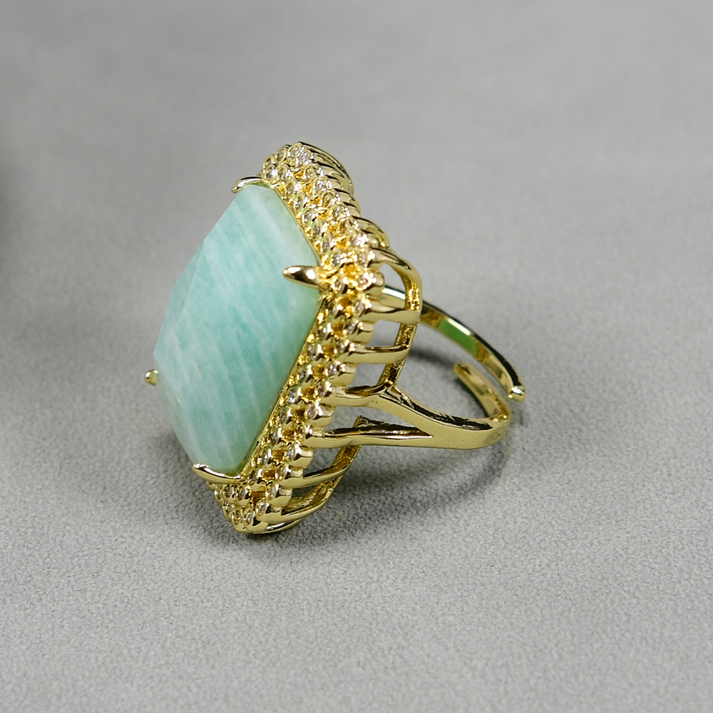 G-G Natural Amazonite Rectangle Cz Pave Ring Gold Plated Adjustable Ring