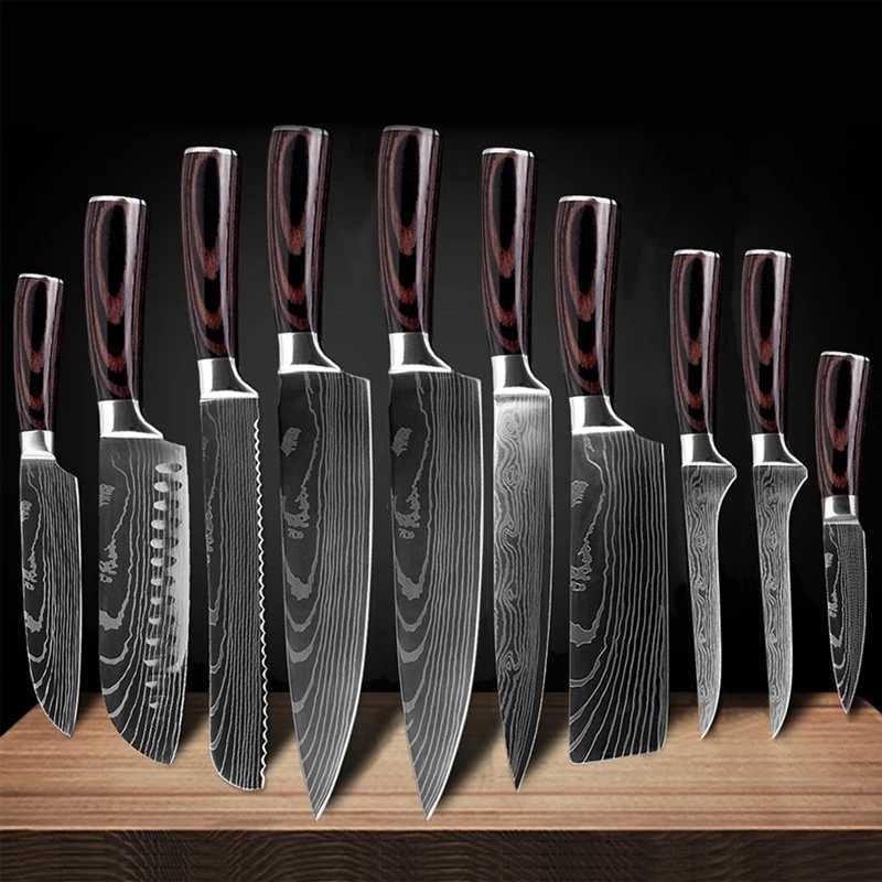 7CR17 Japanese Kitchen Knife Set Laser Damascus Pattern Chef Knife Sharp Santoku Chop and Slice Practical Knife Tool X241102