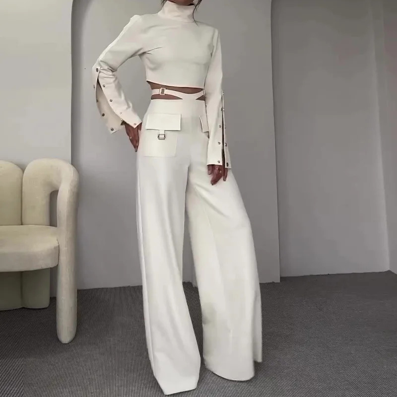 Womens pants set solid two-piece turtle neck full sleeved top sexy wide leg pants loose casual patchwork 241031