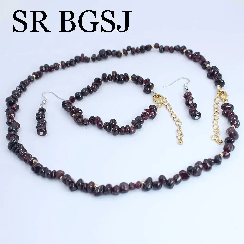 6-8mm Red Garnet Natural Gemstone Womens Necklace Bracelet Earring Jewelry Set 17.5 7-8 241031
