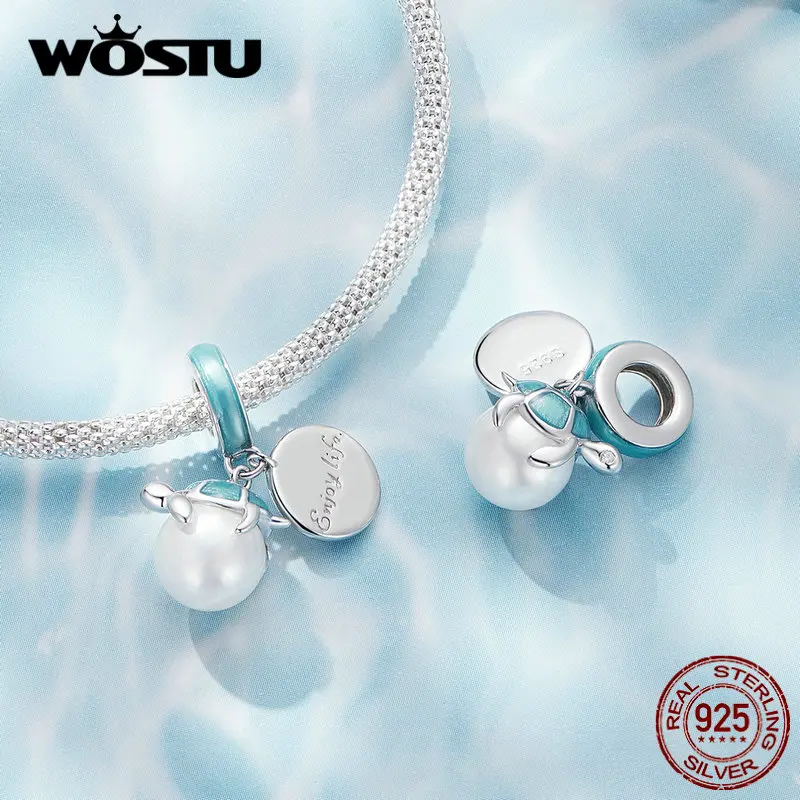 WOSTU 925 Sterling Silver Ocean Series Blue Turtle Charms Shell Pendant Crab & Seaweed Beads for Women Fit DIY Bracelet Necklace