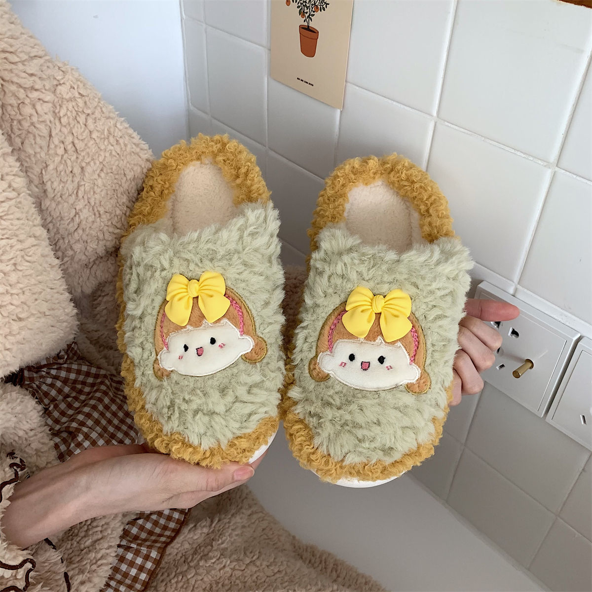 Cute girly heart Winter Toe-pack Warm cotton slippers Soft sole Slipper ladies indoor floor flat house non-slip shoes